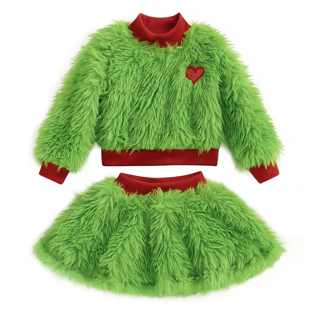Amnnchya Toddler Baby Girl Christmas Outfit Green Furry Sweatshirt Tops Skirts Set Infant Fall Winter Christmas Clothes (Green, 3-4T)