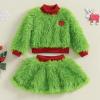 Amnnchya Toddler Baby Girl Christmas Outfit Green Furry Sweatshirt Tops Skirts Set Infant Fall Winter Christmas Clothes (Green, 3-4T) view 2