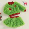 Amnnchya Toddler Baby Girl Christmas Outfit Green Furry Sweatshirt Tops Skirts Set Infant Fall Winter Christmas Clothes (Green, 3-4T) view 3