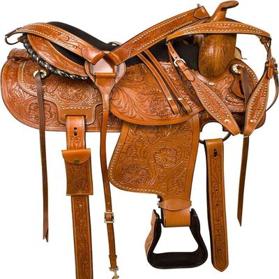 TZ INTERNATIONAL Leather Western Saddle, Barrel Racing Handmade Horse Saddle Lightweight Trail Tack Equestrian Horse Saddle with Matching Headstall and Breast Collar (Light Tan,11 inch)