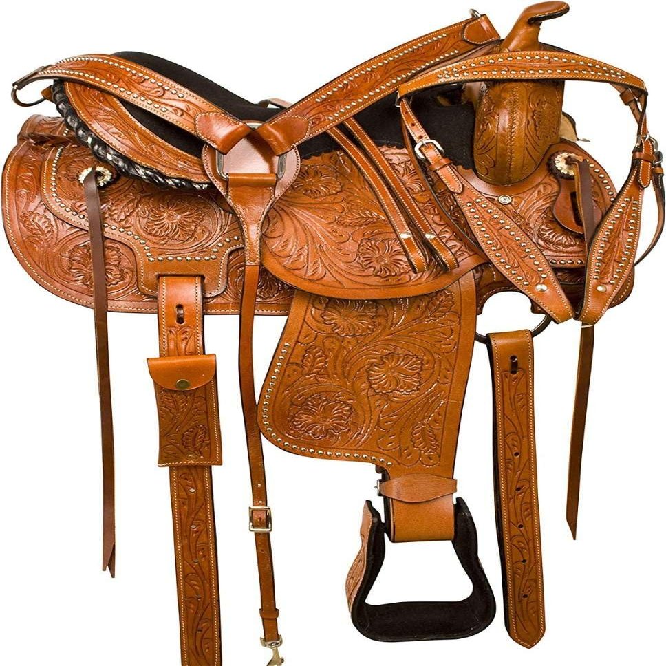 TZ INTERNATIONAL Leather Western Saddle, Barrel Racing Handmade Horse Saddle Lightweight Trail Tack Equestrian Horse Saddle with Matching Headstall and Breast Collar (Light Tan,11 inch)