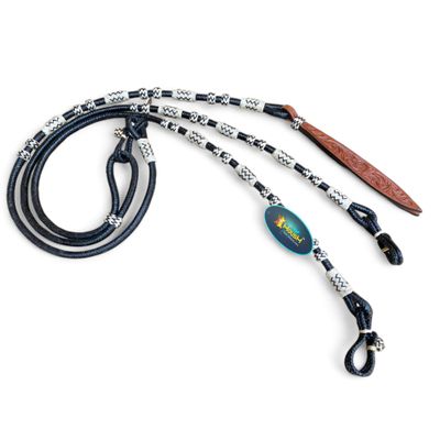 MOUSM Black Braided Natural Rawhide Romal Reins with Leather Popper, White Aztec Design Engraved Beads