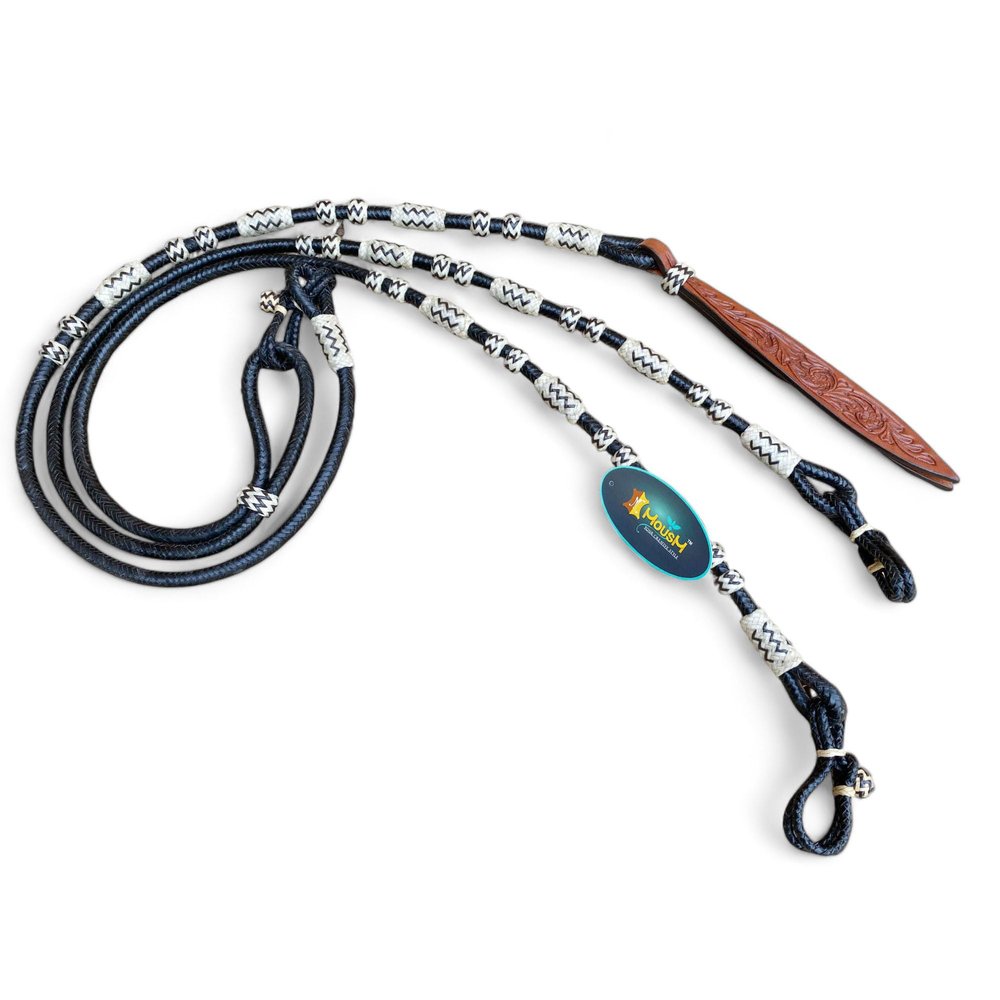MOUSM Black Braided Natural Rawhide Romal Reins with Leather Popper, White Aztec Design Engraved Beads