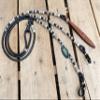 MOUSM Black Braided Natural Rawhide Romal Reins with Leather Popper, White Aztec Design Engraved Beads view 3