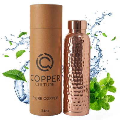 100% Pure Copper Water Bottle for Drinking Water 34 oz (1000ml) Hammered Finish with Leak-Proof Lid | Copper Vessel for Yoga, Gym, Office, Home & Travel