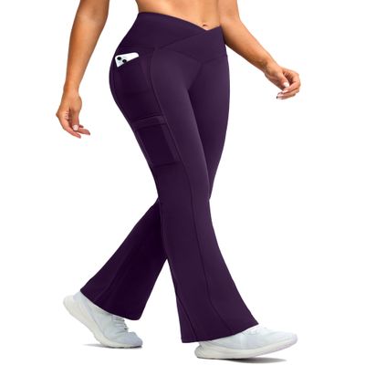 Women's Fleece Lined Pants Water Resistant Winter Thermal Flare Leggings Hiking Snow Pants for Women 4 Pockets(Purple 29-XXL)