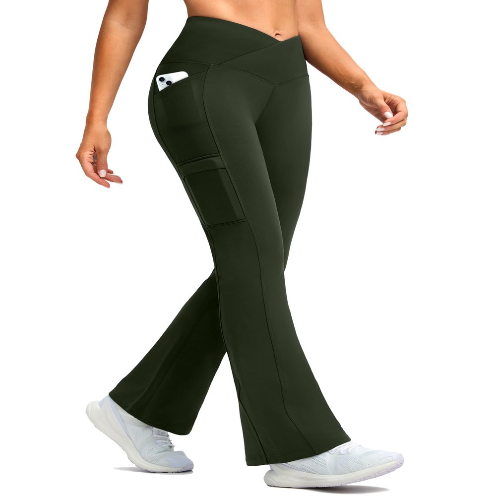G Gradual Women's Fleece Lined Pants Water Resistant Winter Thermal Flare Leggings Hiking Snow Pants for Women 4 Pockets(Olive 31-M)