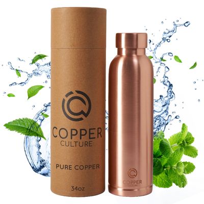 100% Pure Copper Water Bottle for Drinking Water 34 oz (1000ml) Polished Finish with Leak-Proof Lid | Copper Vessel for Yoga, Gym, Office, Home & Travel