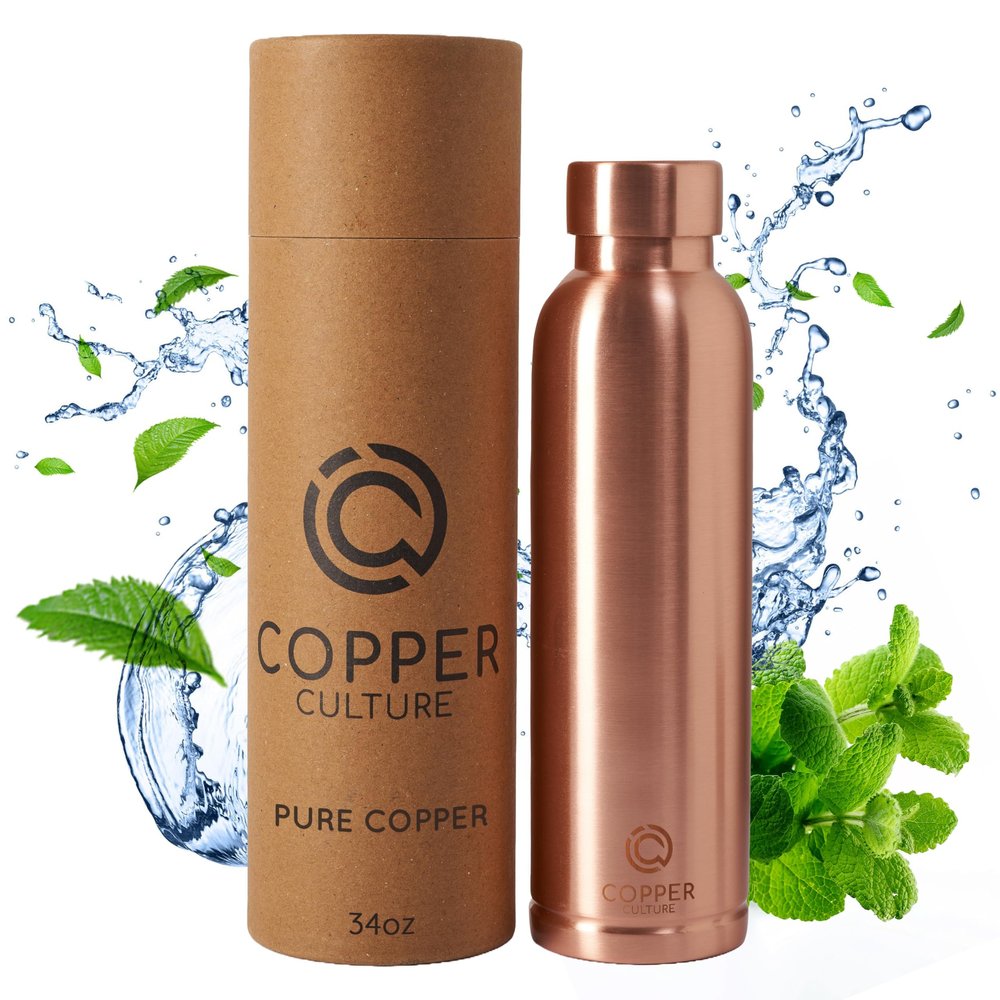 100% Pure Copper Water Bottle for Drinking Water 34 oz (1000ml) Polished Finish with Leak-Proof Lid | Copper Vessel for Yoga, Gym, Office, Home & Travel