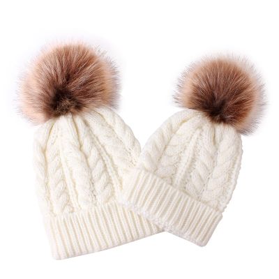 2PCS Parent-Child Knit Hat Family Matching Winter Warmer Hat Mother & Baby Crochet Beanie Ski Cap with Pom White