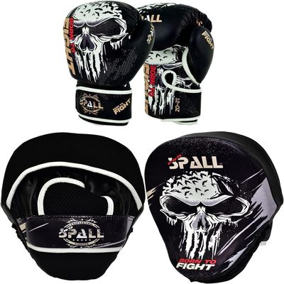 SPALL PRO US Boxing Training Set - Synthetic Leather Boxing Gloves with Focus Pad Boxing Mitts, MMA Training with Punch Gloves MMA Boxing Mitts for Kids Adults, Born to Fight (Black, 12OZ)