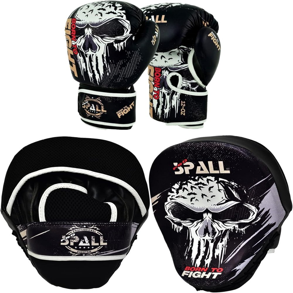 SPALL PRO US Boxing Training Set - Synthetic Leather Boxing Gloves with Focus Pad Boxing Mitts, MMA Training with Punch Gloves MMA Boxing Mitts for Kids Adults, Born to Fight (Black, 12OZ)