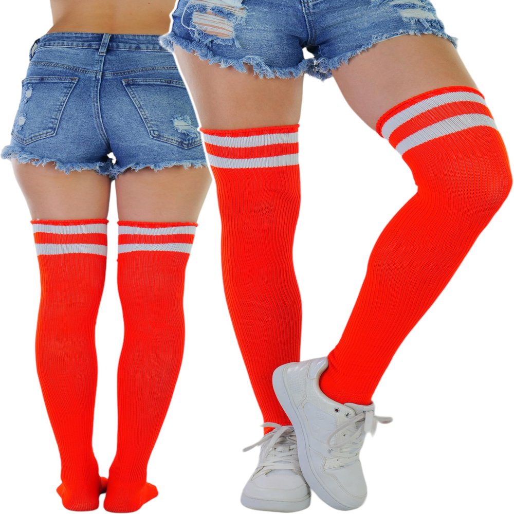 ToBeInStyle Women's Athlete Acrylic Thigh High W/Double Striped Top - Orange/White - OSP