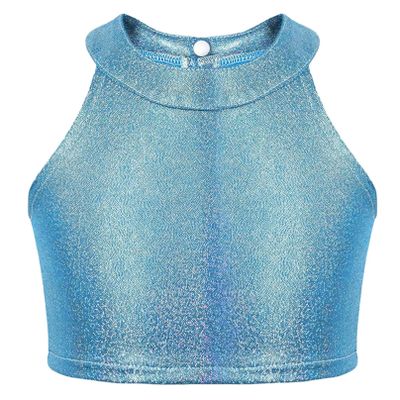 Agoky Girls Shiny Metallic Halter Neck Cropped Tank Top Cami Tees for Yoga Dance Gymnastics Shirt Rave Outfits Blue 13-16 Years