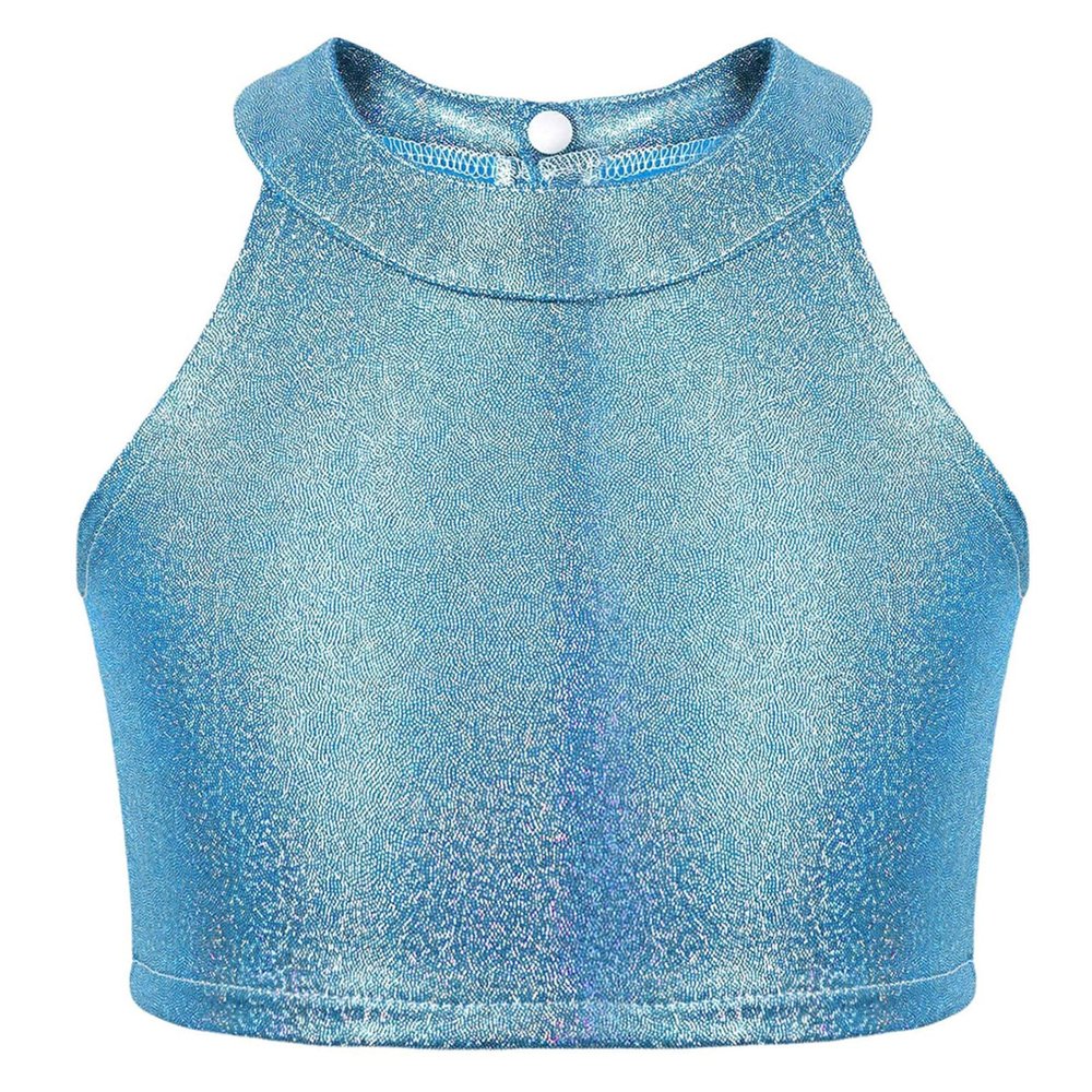 Agoky Girls Shiny Metallic Halter Neck Cropped Tank Top Cami Tees for Yoga Dance Gymnastics Shirt Rave Outfits Blue 13-16 Years
