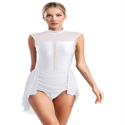 FEESHOW Women's Lyrical Dance Costume Rhinestone Skirted Leotard Figure Ice Skating Dress White Large