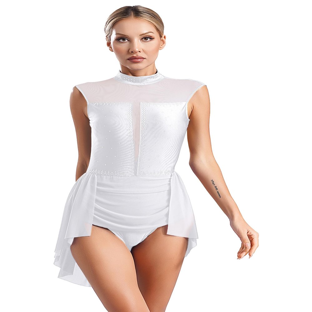 FEESHOW Women's Lyrical Dance Costume Rhinestone Skirted Leotard Figure Ice Skating Dress White Large