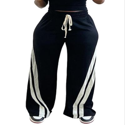 Unybwonn Women's Athletic Loose Joggers Pants Striped Track Pants Drawstring Straight Leg Pants Classic Black Sweatpants