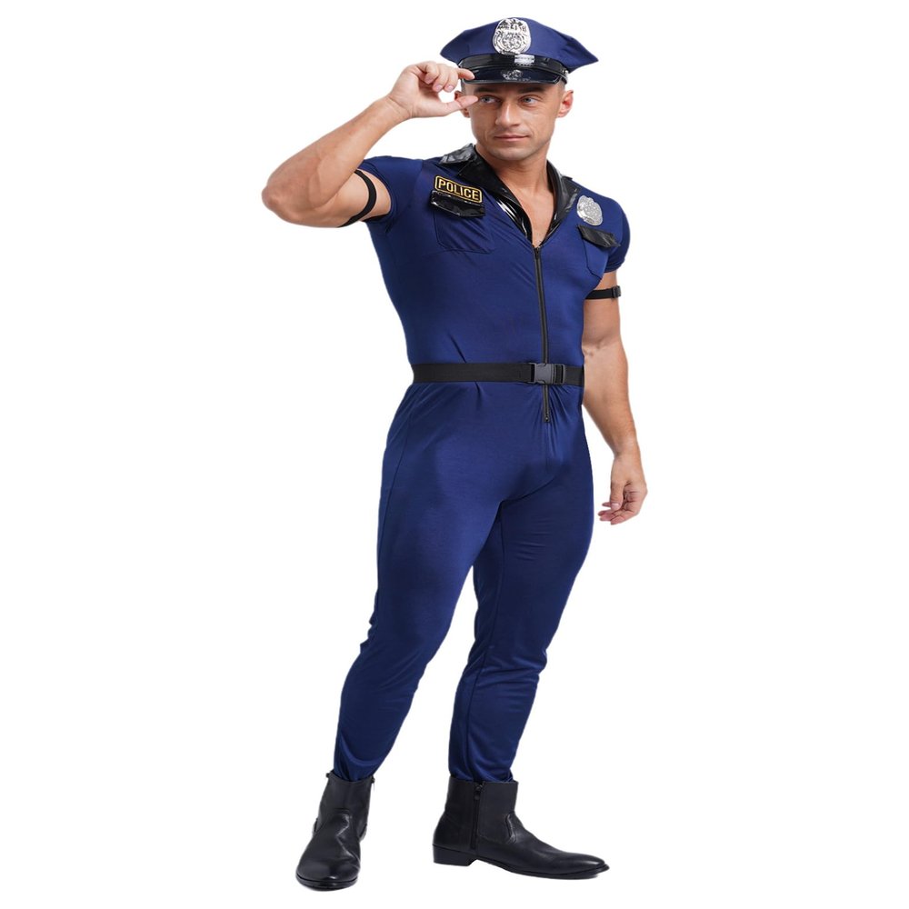 Miutii Mens Police Officer Policeman Costume Dirty Cop Roleplay Short Sleeve Jumpsuit with Accessories Blue X-Large