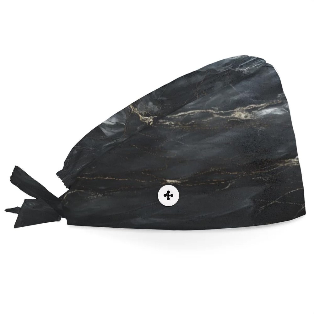 Hsnar Black Marble Scrub Caps with Buttons Elastic Working Hats Tie Back Nurse Hat Lightweight Breathable Surgical Caps for Women Men