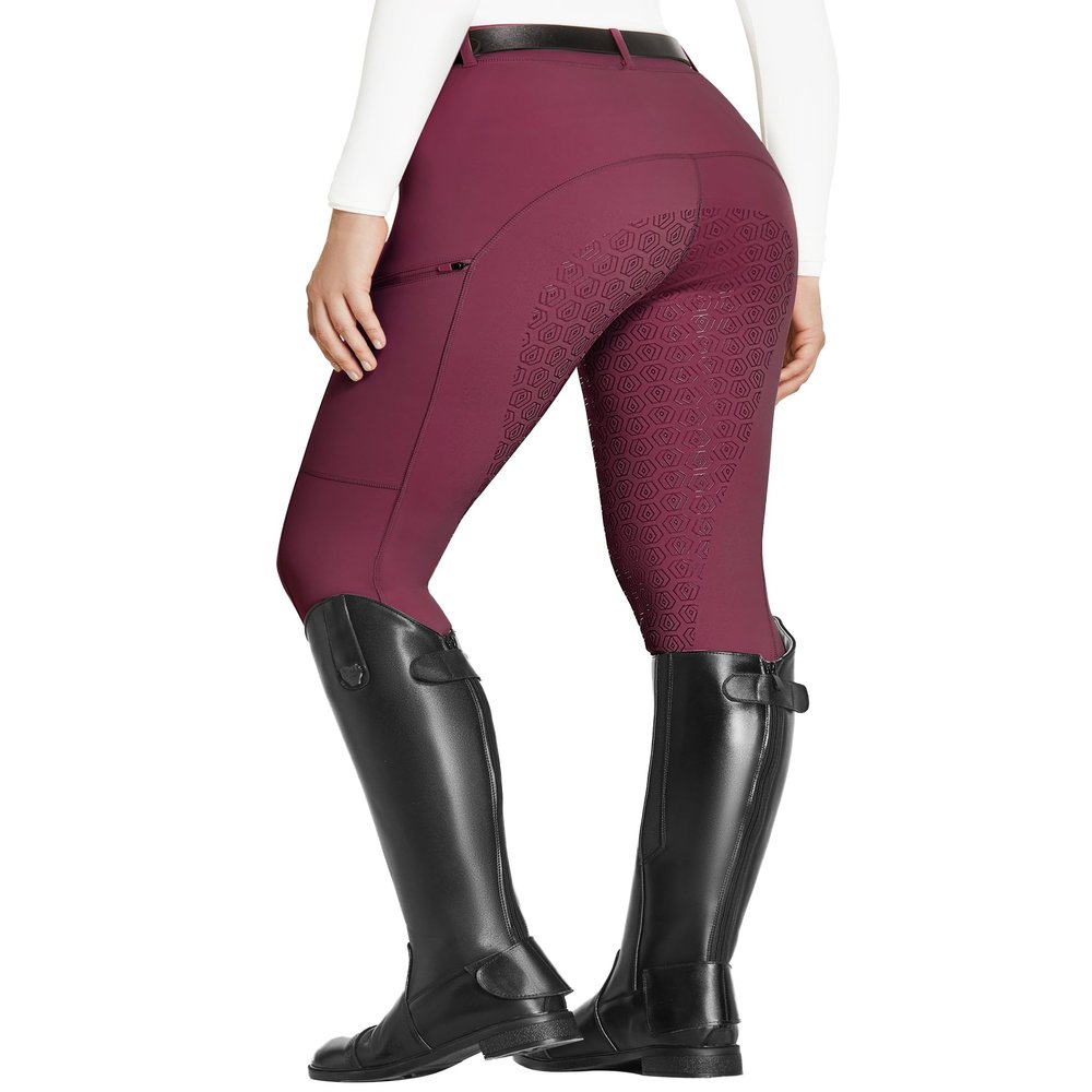 FitsT4 Sports Women's Full Seat Riding Tights with Zipper Pockets Horseback Riding Pants Equestrian Breeches for Women Burgundy L
