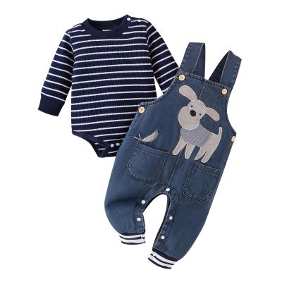 12 Month Boy Clothes Baby Fall Winter Newborn Fashion Outfits Infant Long Sleeve Striped Romper Cute Dog Cartoon Button Jeans Overalls Pants Set Midnight Blue 9-12 Months