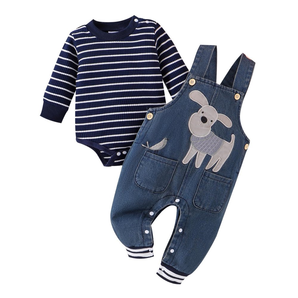 12 Month Boy Clothes Baby Fall Winter Newborn Fashion Outfits Infant Long Sleeve Striped Romper Cute Dog Cartoon Button Jeans Overalls Pants Set Midnight Blue 9-12 Months