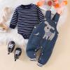 12 Month Boy Clothes Baby Fall Winter Newborn Fashion Outfits Infant Long Sleeve Striped Romper Cute Dog Cartoon Button Jeans Overalls Pants Set Midnight Blue 9-12 Months view 2