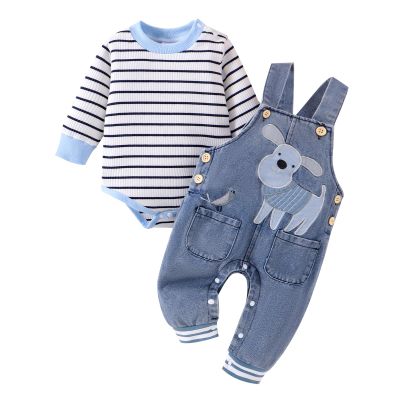 12-18 Month Boy Clothes Baby Fall Winter Newborn Fashion Outfits Infant Long Sleeve Striped Romper Cute Dog Cartoon Button Jeans Overalls Pants Set Blue 12-18 Months
