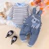 12-18 Month Boy Clothes Baby Fall Winter Newborn Fashion Outfits Infant Long Sleeve Striped Romper Cute Dog Cartoon Button Jeans Overalls Pants Set Blue 12-18 Months view 2