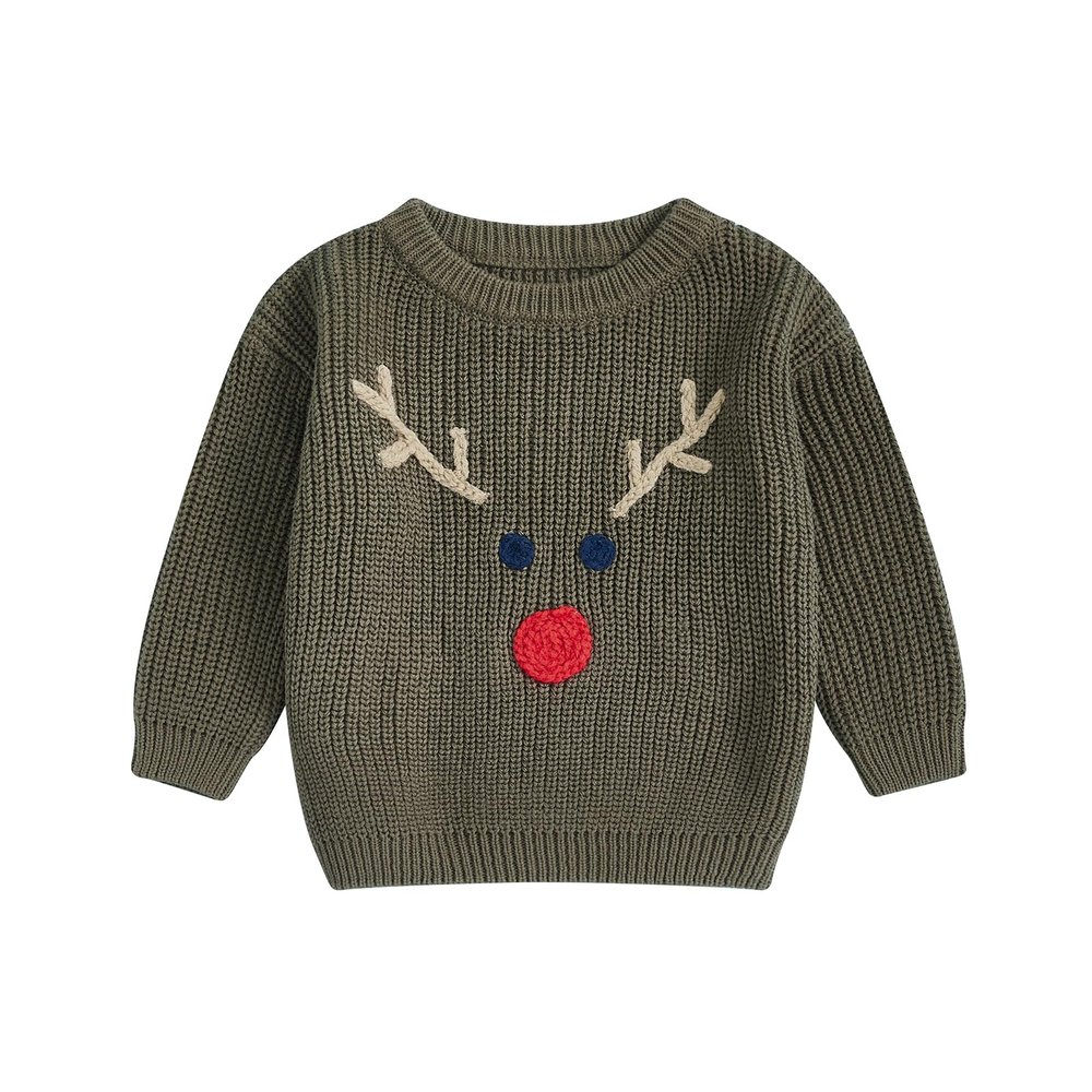 MOLZULAMS Toddler Baby Girl Boy Christmas Outfit My First Christmas/Elk Embroidery Sweater Crewneck Sweatshirt Xmas Clothes (Army Green, 2T)