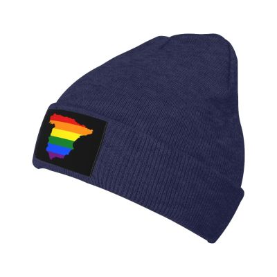 MULIHU LGBT Flag Map of Spain Beanie Hat for Men Women Winter Warm Knit Hats Ski Hat Skull Cap Navy Blue