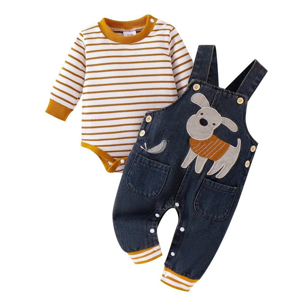 9 Month Baby Boy Clothes Fall Winter Newborn Fashion Outfits Infant Long Sleeve Striped Romper Cute Dog Cartoon Button Jeans Overalls Pants Set Brown 9-12 Months