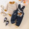 9 Month Baby Boy Clothes Fall Winter Newborn Fashion Outfits Infant Long Sleeve Striped Romper Cute Dog Cartoon Button Jeans Overalls Pants Set Brown 9-12 Months view 2