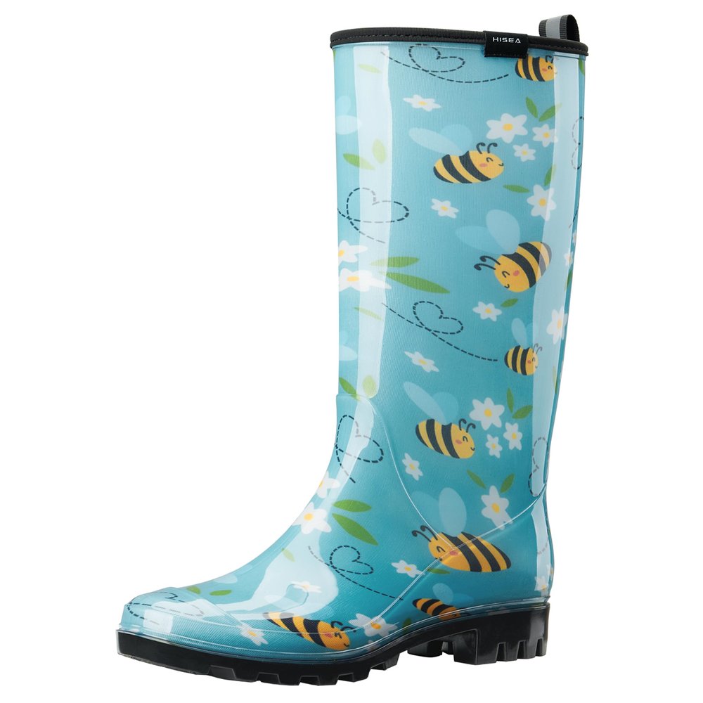 HISEA Tall Rain Boots for Women, Slim Calf Waterproof Garden Boots, Fashion Print Rubber PVC Rainboots Knee High Rain Shoes, Anti-Slip Mud Boots for Outdoor Gardening Farm Yard Work
