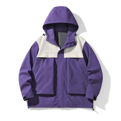 Bolaetey Men's Spring and Autumn Hooded Jacket Japanese Workwear Colorblocking Coat (US, Alpha, 3X-Large, Regular, Regular, Purple)