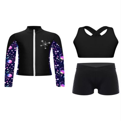 Hansber Kids Girls Figure Skating Outfit Tracksuit Sleeveless Dance Crop Top and Boyshorts with Jacket Suit for Gymnastics Black 14 Years