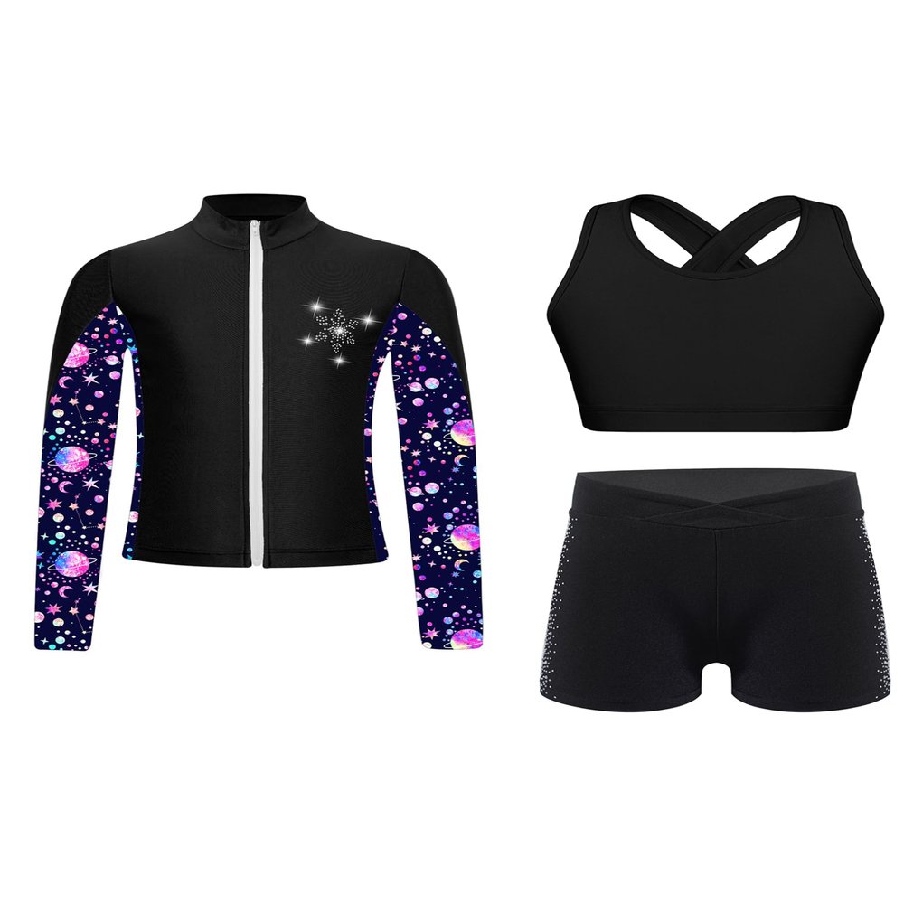 Hansber Kids Girls Figure Skating Outfit Tracksuit Sleeveless Dance Crop Top and Boyshorts with Jacket Suit for Gymnastics Black 14 Years