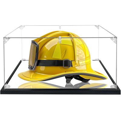Acrylic Fireman's Helmet Display Case Clear Cowboy Hat Display Case Large Helmet Display Case Large Rectangle Box UV Protection Memorabilia Collectibles Showcase with Mirror & Carbon Fiber Skin Base