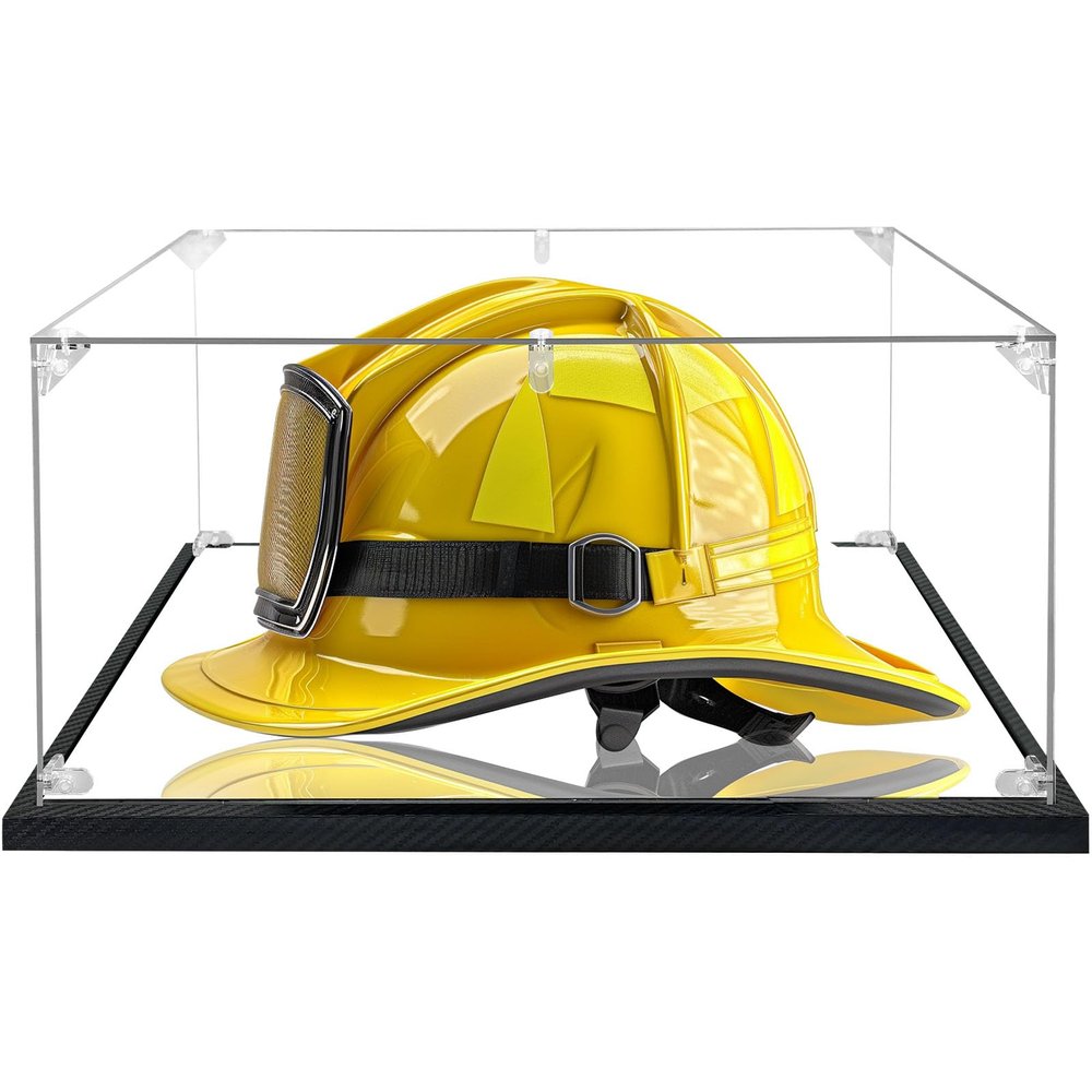 Acrylic Fireman's Helmet Display Case Clear Cowboy Hat Display Case Large Helmet Display Case Large Rectangle Box UV Protection Memorabilia Collectibles Showcase with Mirror & Carbon Fiber Skin Base
