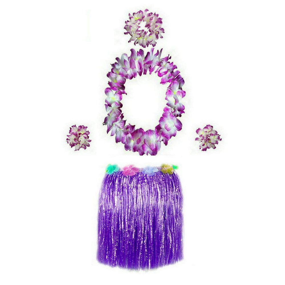 BAJOTAL Hawaiian Luau Hula Grass Skirt with Large Flower Costume Set for Dance Party Decorations Supplies (16" - Purple)