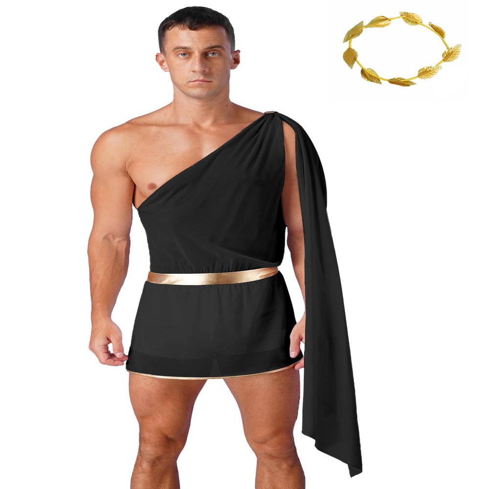 YiZYiF Men's One Strap Toga Costume Ancient Greek Roman Halloween Cosplay Outfits Fancy Dress Black Medium