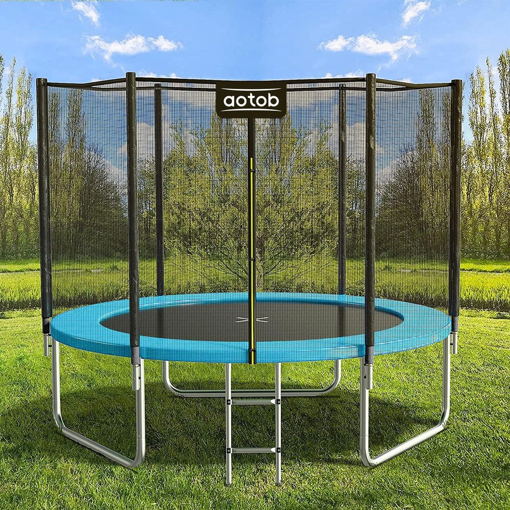 AOTOB 8 FT Trampoline Safety Enclosure Net Combo Bounce Jump for Kids Outdoor with Spring Pad Waterproof Jump Mat & Ladder (Azure)