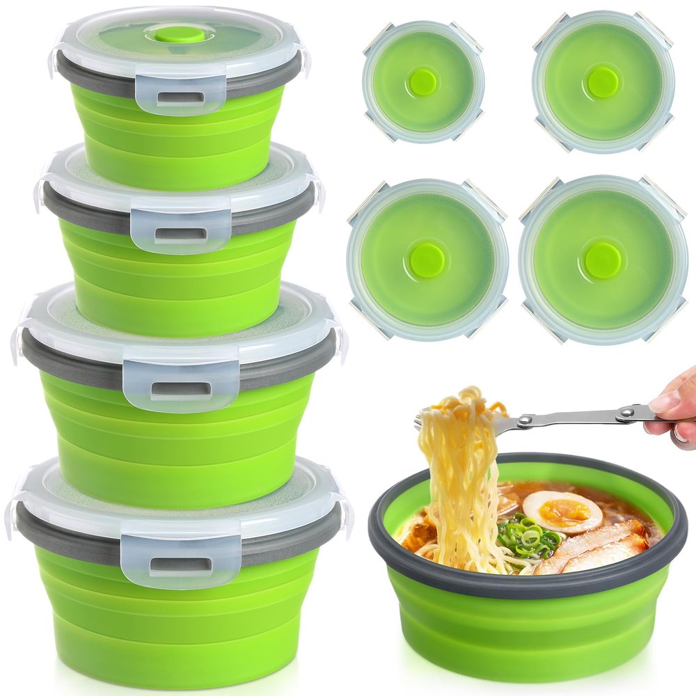 Suclain 4 Pcs Collapsible Bowls with Lids Silicone Camping Food Storage Container Expandable Folding Salad Lunch Box Travel Container for Hiking Camping(Green,12, 17, 27, 41 oz)