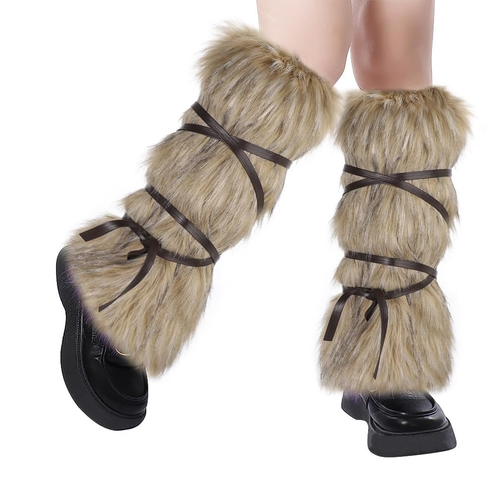 haozaikeji Viking Faux Fur Leg Warmers Furry Medieval Boot Covers Warrior Leg Guards Cosplay Costume Accessory for Women Men