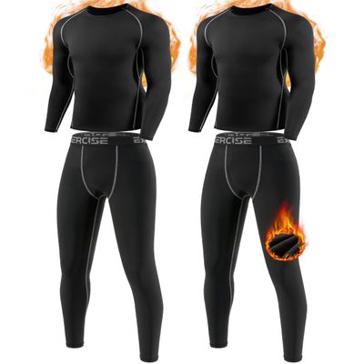 ATTIQOZI Youth Boys Thermal Underwear Set Compression Fleece Lined Leggings with Athletic Shirts Base Layer Football Undershirt 1,2 Pack Black/Black XS