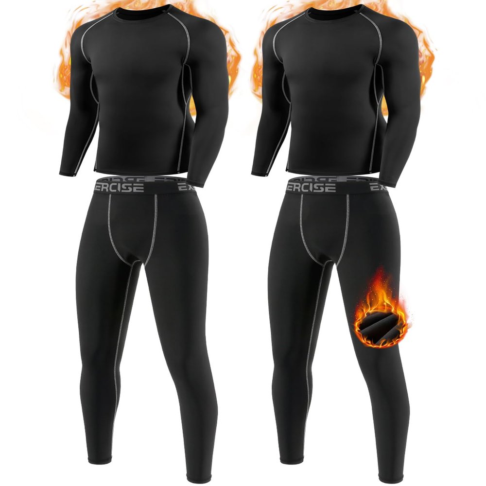 ATTIQOZI Youth Boys Thermal Underwear Set Compression Fleece Lined Leggings with Athletic Shirts Base Layer Football Undershirt 1,2 Pack Black/Black XS