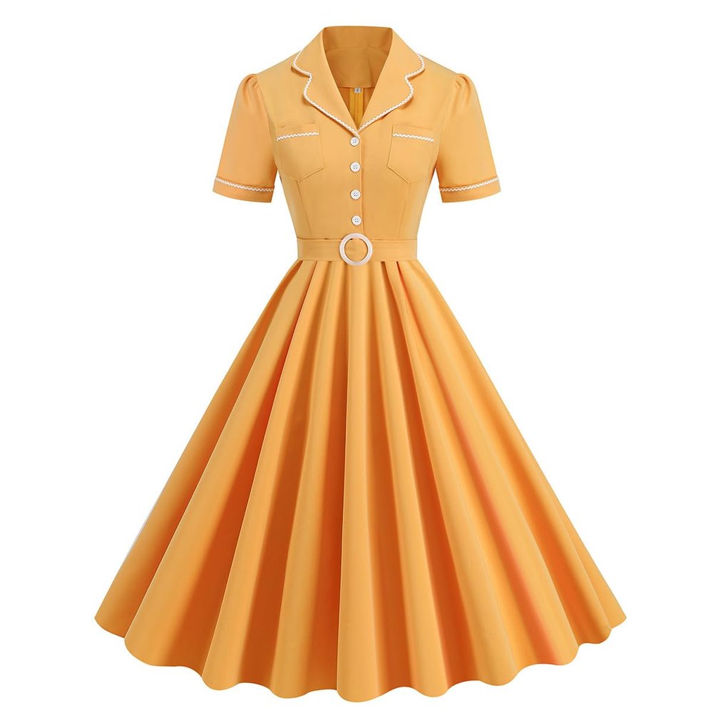 1950s Vintage Style Dress for Women Short Sleeve Ruched Swing Dress with Belt Cocktail Office Lady Pin Up Temperament Yellow XL