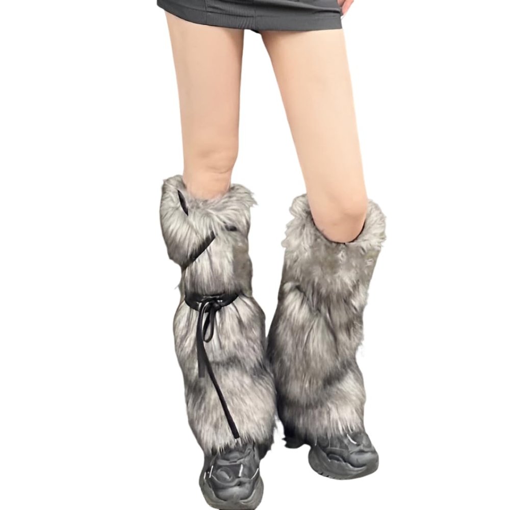 haozaikeji Viking Faux Fur Leg Warmers Furry Medieval Boot Covers Warrior Leg Guards Cosplay Costume Accessory for Women Men