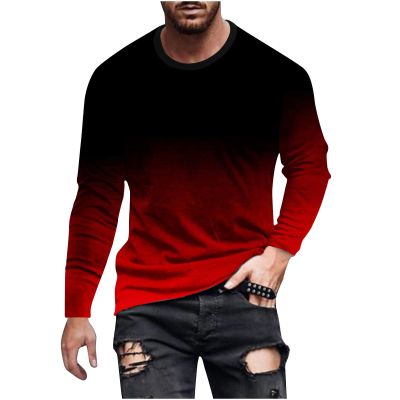 Shirts for Men Long Sleeve Casual Loose Gradient Color Print Crewneck Sweatshirt Lightweight Gym Workout Pullover Top mens graphic t-shirts Wine XXXL